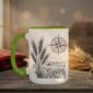 Field And Compass Mug with navigation design on white ceramic with coloured interior, Saskatchewan handcrafted coffee cup