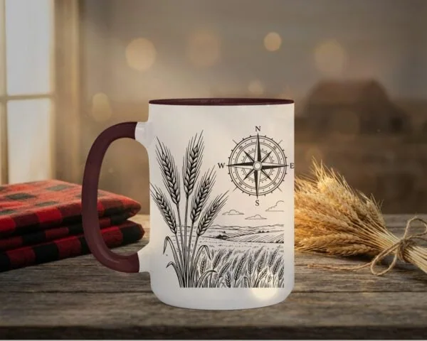 Field And Compass Mug with navigation design on white ceramic with coloured interior, Saskatchewan handcrafted coffee cup