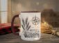 Field And Compass Mug with navigation design on white ceramic with coloured interior, Saskatchewan handcrafted coffee cup