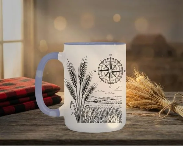 Field And Compass Mug with navigation design on white ceramic with coloured interior, Saskatchewan handcrafted coffee cup