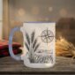 Field And Compass Mug with navigation design on white ceramic with coloured interior, Saskatchewan handcrafted coffee cup