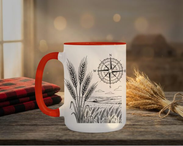 Field And Compass Mug with navigation design on white ceramic with coloured interior, Saskatchewan handcrafted coffee cup