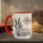 Field And Compass Mug with navigation design on white ceramic with coloured interior, Saskatchewan handcrafted coffee cup