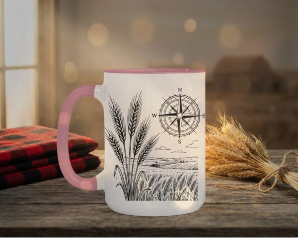 Field And Compass Mug with navigation design on white ceramic with coloured interior, Saskatchewan handcrafted coffee cup
