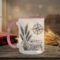 Field And Compass Mug with navigation design on white ceramic with coloured interior, Saskatchewan handcrafted coffee cup