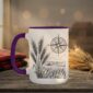 Field And Compass Mug with navigation design on white ceramic with coloured interior, Saskatchewan handcrafted coffee cup