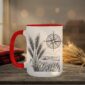 Field And Compass Mug with navigation design on white ceramic with coloured interior, Saskatchewan handcrafted coffee cup