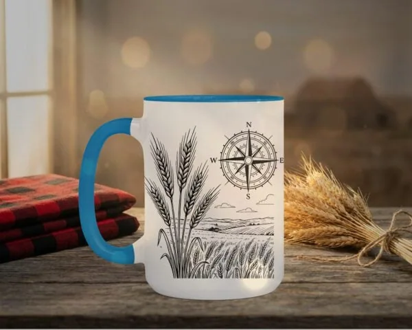 Field And Compass Mug with navigation design on white ceramic with coloured interior, Saskatchewan handcrafted coffee cup