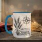 Field And Compass Mug with navigation design on white ceramic with coloured interior, Saskatchewan handcrafted coffee cup