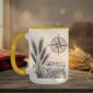 Field And Compass Mug with navigation design on white ceramic with coloured interior, Saskatchewan handcrafted coffee cup
