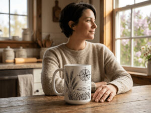 Field And Compass Mug with navigation design on white ceramic with coloured interior, Saskatchewan handcrafted coffee cup