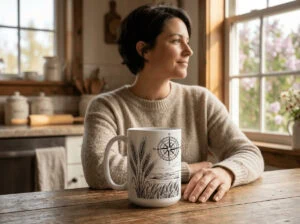 Field And Compass Mug with navigation design on white ceramic with coloured interior, Saskatchewan handcrafted coffee cup