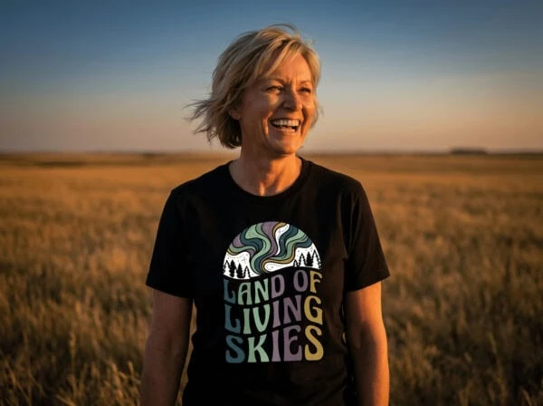 Land of Living Skies T-Shirt design showcasing Saskatchewan's famous nickname on premium organic cotton