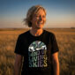 Land of Living Skies T-Shirt design showcasing Saskatchewan's famous nickname on premium organic cotton