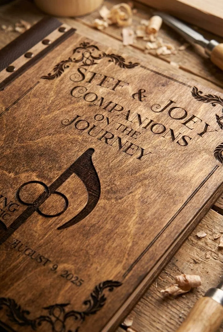 Close-up laser-engraved custom wedding songbook wood cover personalized names date Saskatchewan