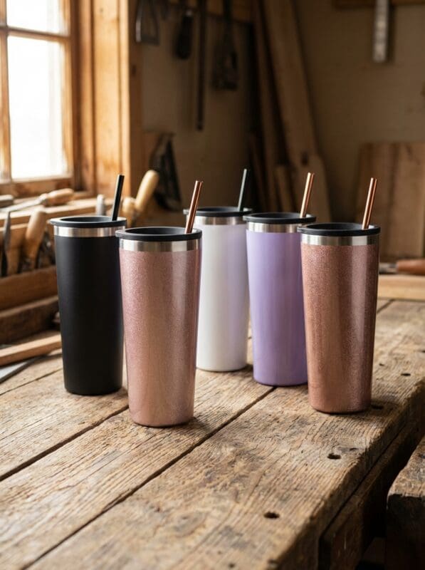 Maars Roadies 22oz stainless steel tapered tumblers with straws color options glitter finishes Grey Barn Saskatchewan