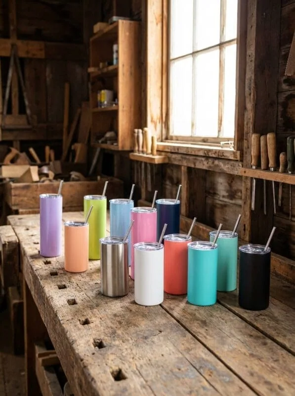Maars Skinny Mini 12oz stainless steel tumblers with straws color options custom sublimation Grey Barn Saskatchewan