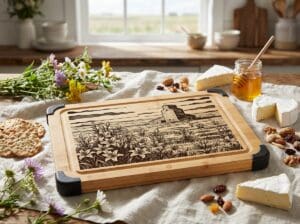Elevator And Lilies Cutting Board showcasing laser-engraved Saskatchewan grain elevator and prairie lily design on bamboo