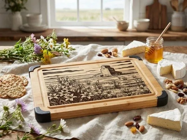 Elevator And Lilies Cutting Board showcasing laser-engraved Saskatchewan grain elevator and prairie lily design on bamboo