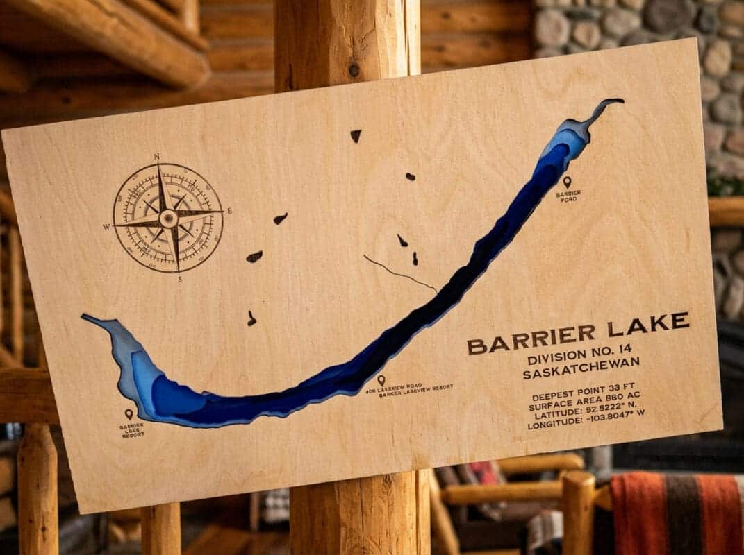 Laser-engraved wood sign featuring a Barrier Lake design, handcrafted in St. Gregor
