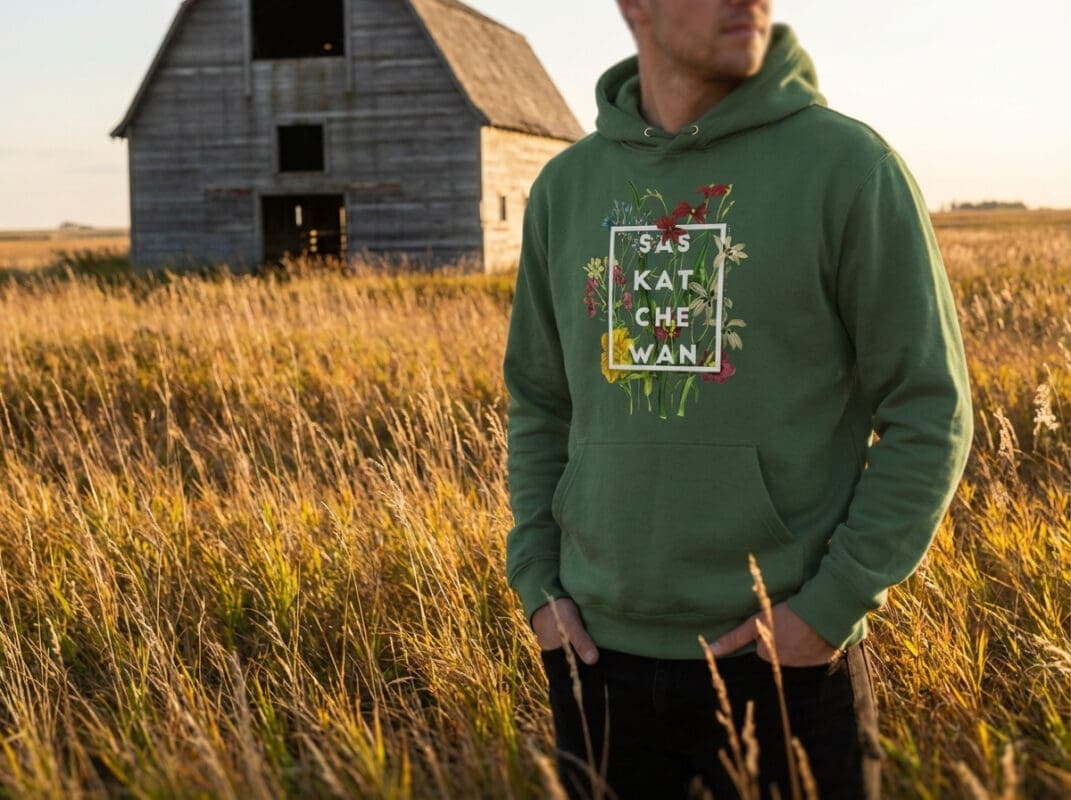 Custom printed hoodies and t-shirts with prairie-themed designs from Grey Barn Handwerk