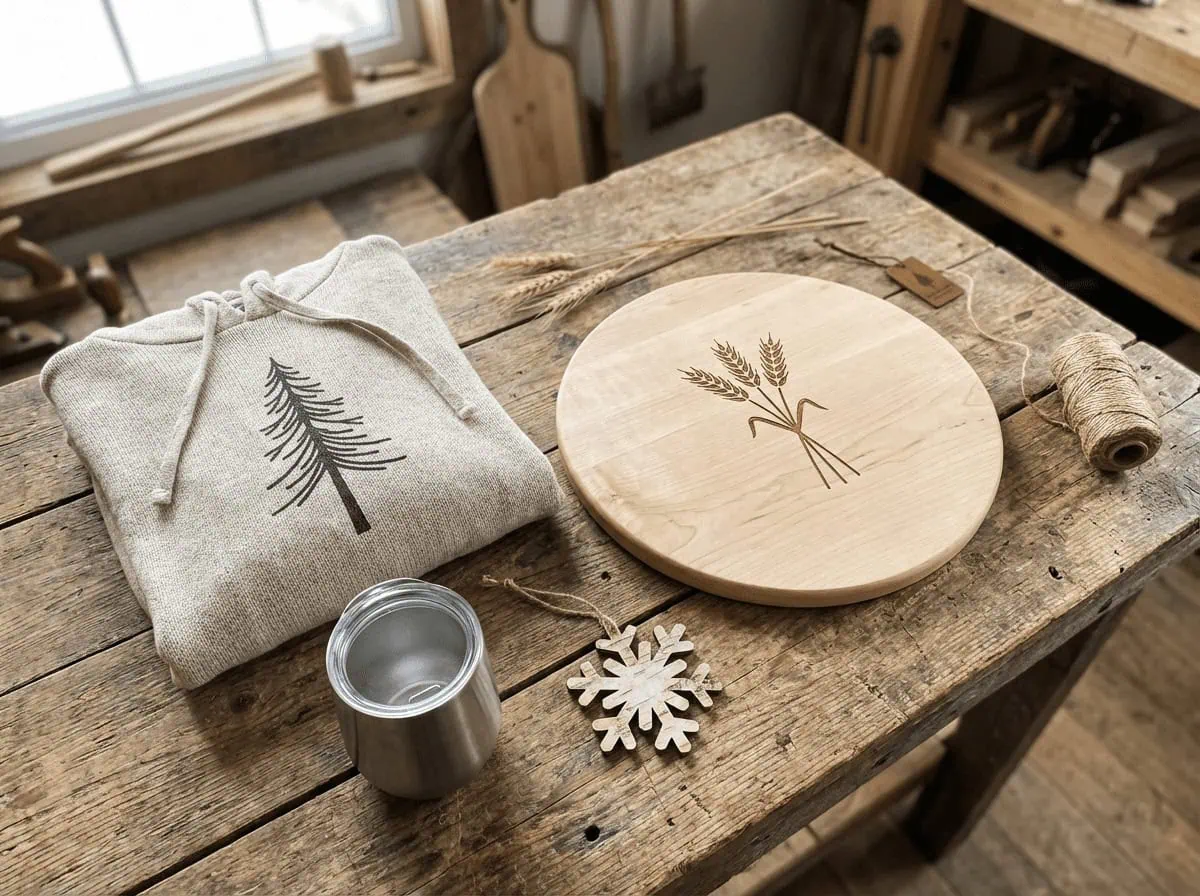 Featured Saskatchewan handcraft collection products including laser-engraved cutting board, mug, ornament, and bunnyhug on rustic wood table
