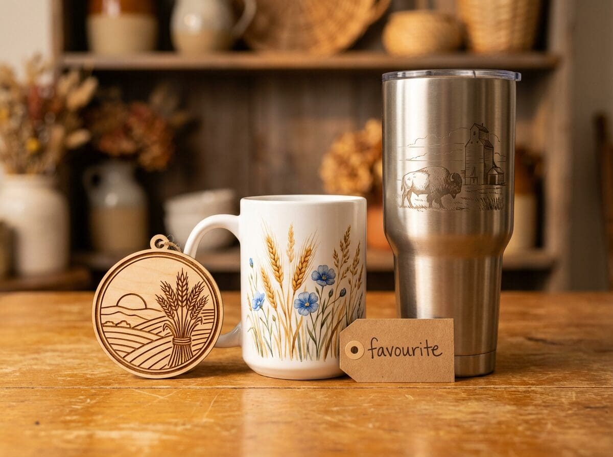 Saskatchewan handcrafted products best sellers — laser-engraved ornament, ceramic sublimation mug, and stainless steel tumbler by Grey Barn Handwerk
