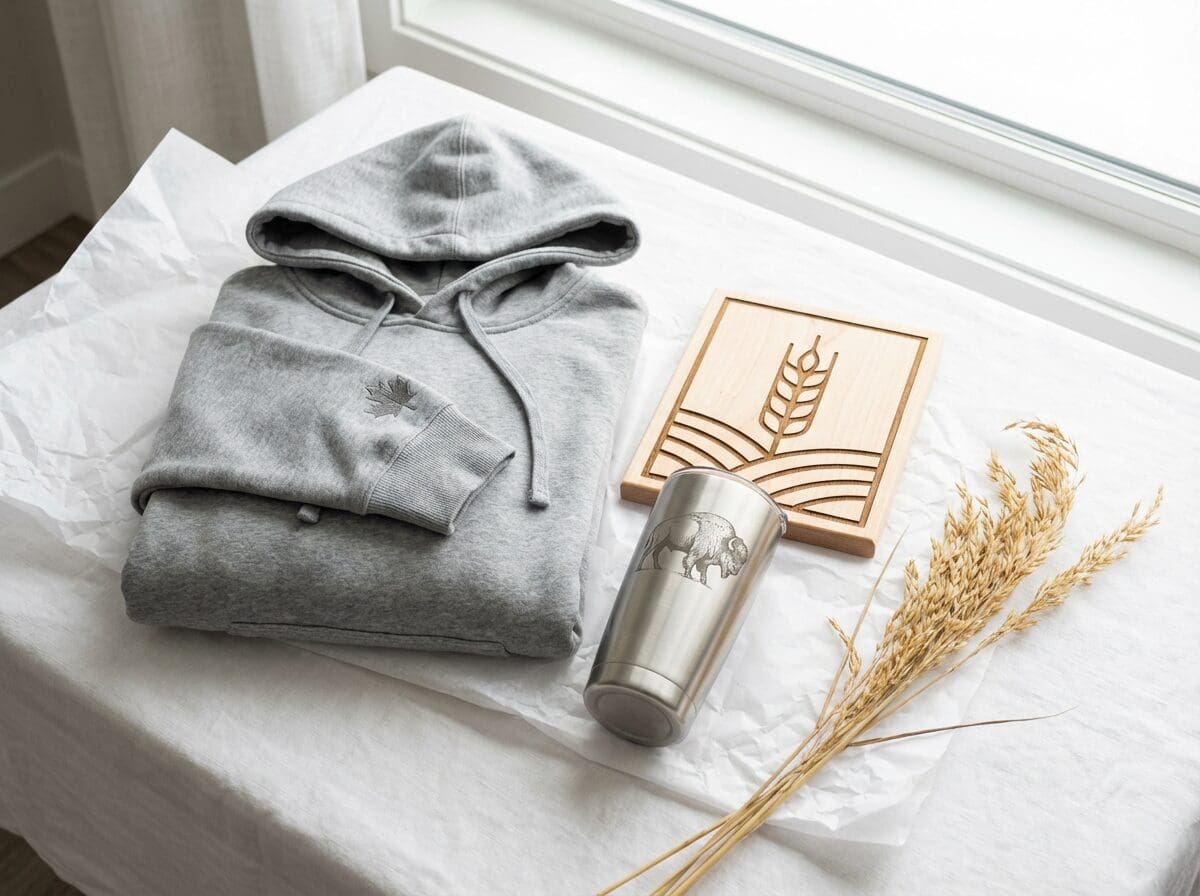 Saskatchewan handcrafted products new arrivals — fresh bunnyhug hoodie, engraved wooden sign, and stainless steel tumbler from Grey Barn Handwerk