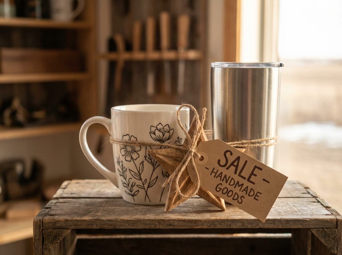 Saskatchewan handcrafted products on sale — ceramic mug, wooden ornament, and stainless steel tumbler at a reduced price from Grey Barn Handwerk