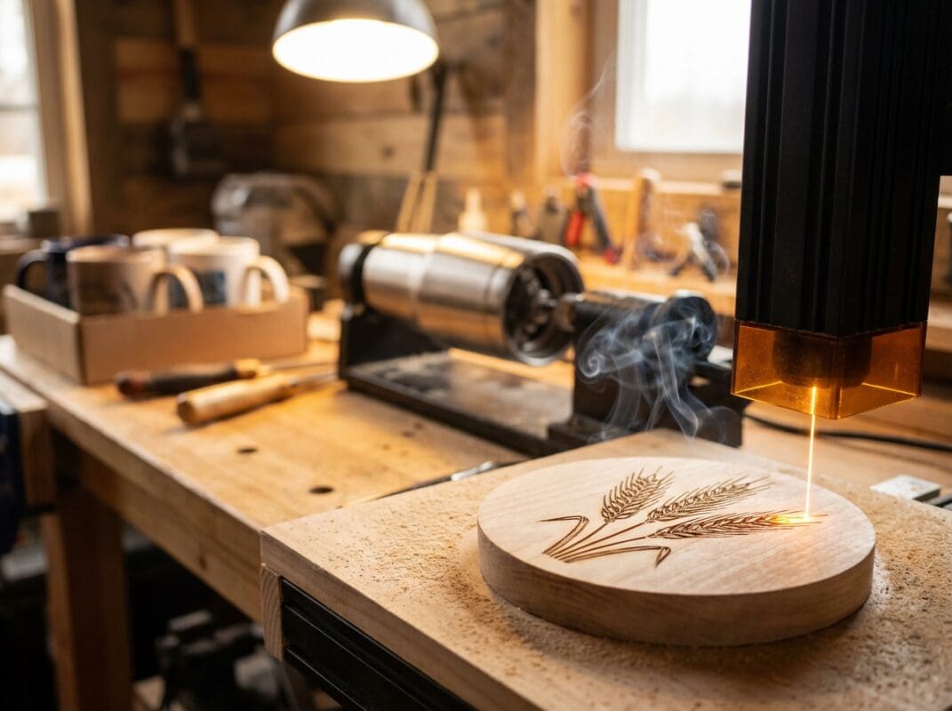Saskatchewan handcrafted products being made — laser engraver cutting a wheat design into a wooden ornament at Grey Barn Handwerk