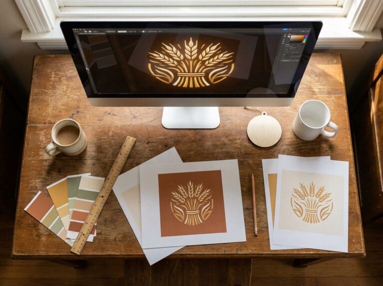 Saskatchewan handcrafted products design process — custom artwork and design proofs on a workshop desk at Grey Barn Handwerk