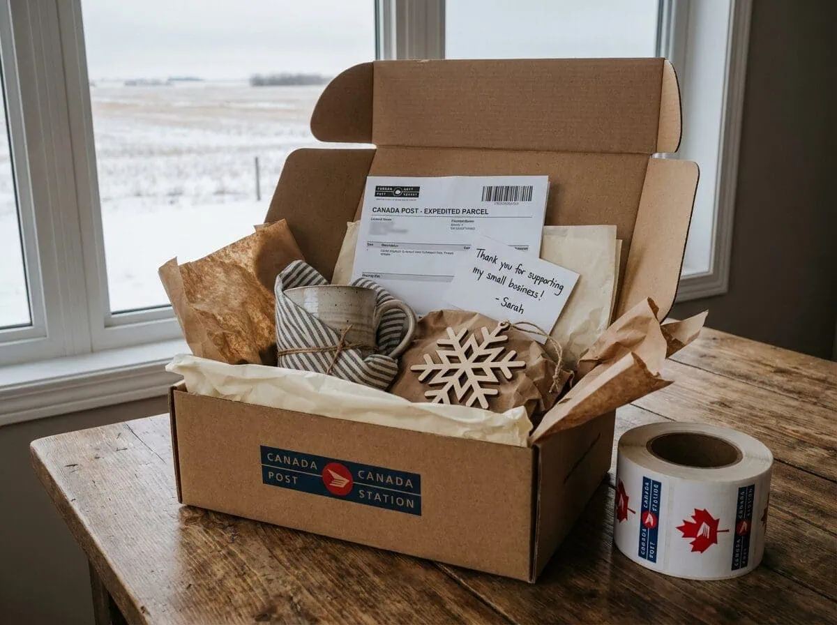 Saskatchewan handcrafted products packaged for shipping — Grey Barn Handwerk orders wrapped with care and shipped via Canada Post from St. Gregor