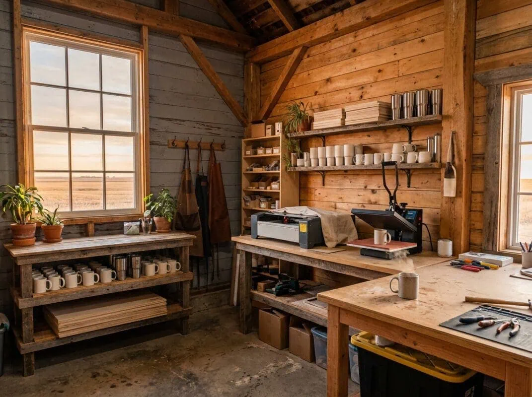 Saskatchewan handcrafted products workshop — Grey Barn Handwerk maker space with laser engraver and heat press in St. Gregor
