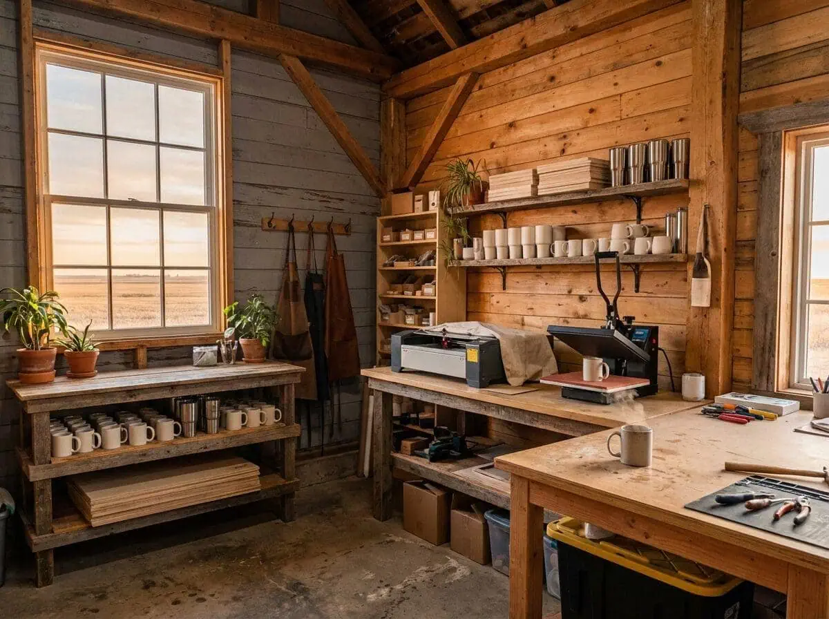 Grey Barn Handwerk's workshop in St. Gregor, with a laser engraver and heat press.