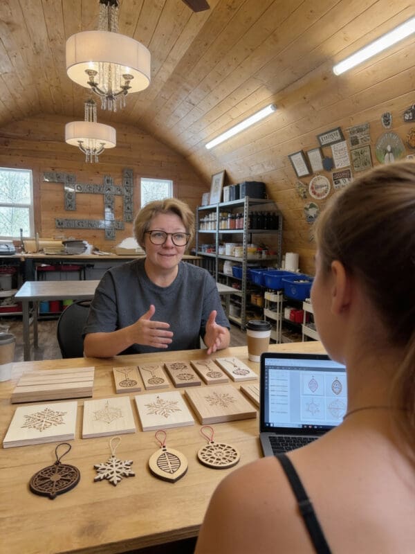 Loriann discussing a custom order with a customer in the Grey Barn Handwerk workshop
