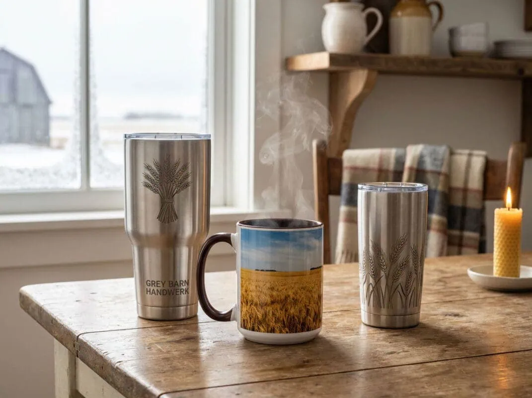 Grey Barn Handwerk Drinkware Collection Saskatchewan handcrafted drinkware — 15oz sublimation ceramic mug, 40oz stainless steel tumbler, and 20oz tumbler with wheat designs by Grey Barn Handwerk