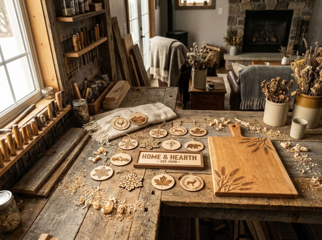 Saskatchewan handcrafted products — laser-engraved wooden ornaments, signs, and cutting boards on a workshop table at Grey Barn Handwerk