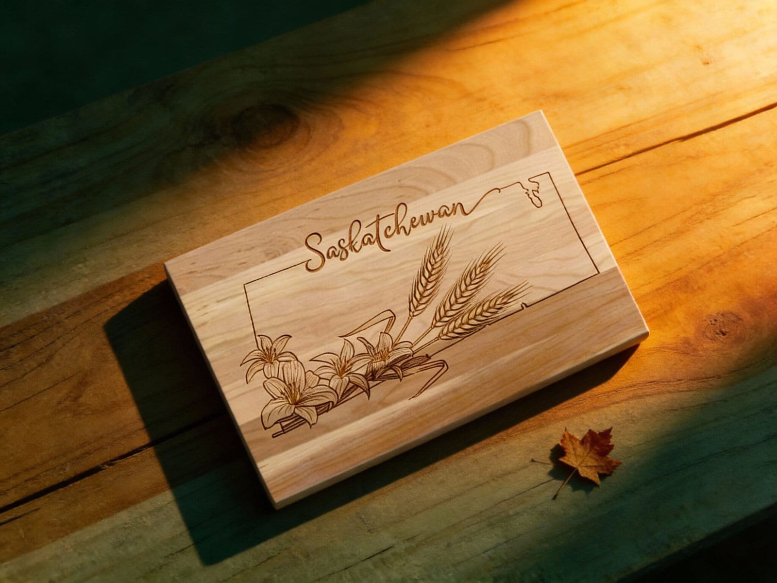 Saskatchewan signature cutting board made from Canadian maple with laser-engraved prairie lily and wheat design