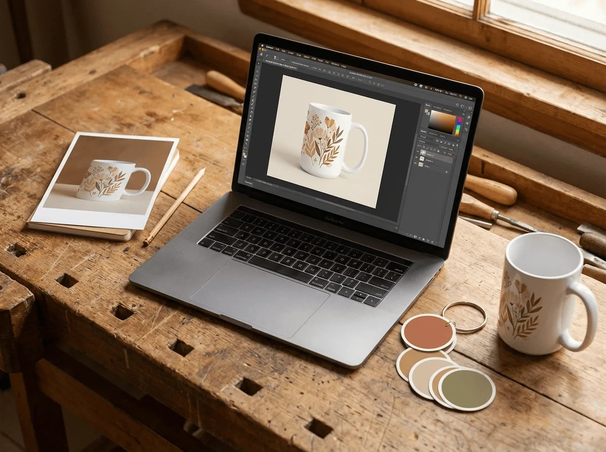About Grey Barn Handwerk — custom order mockup and finished product on workshop table