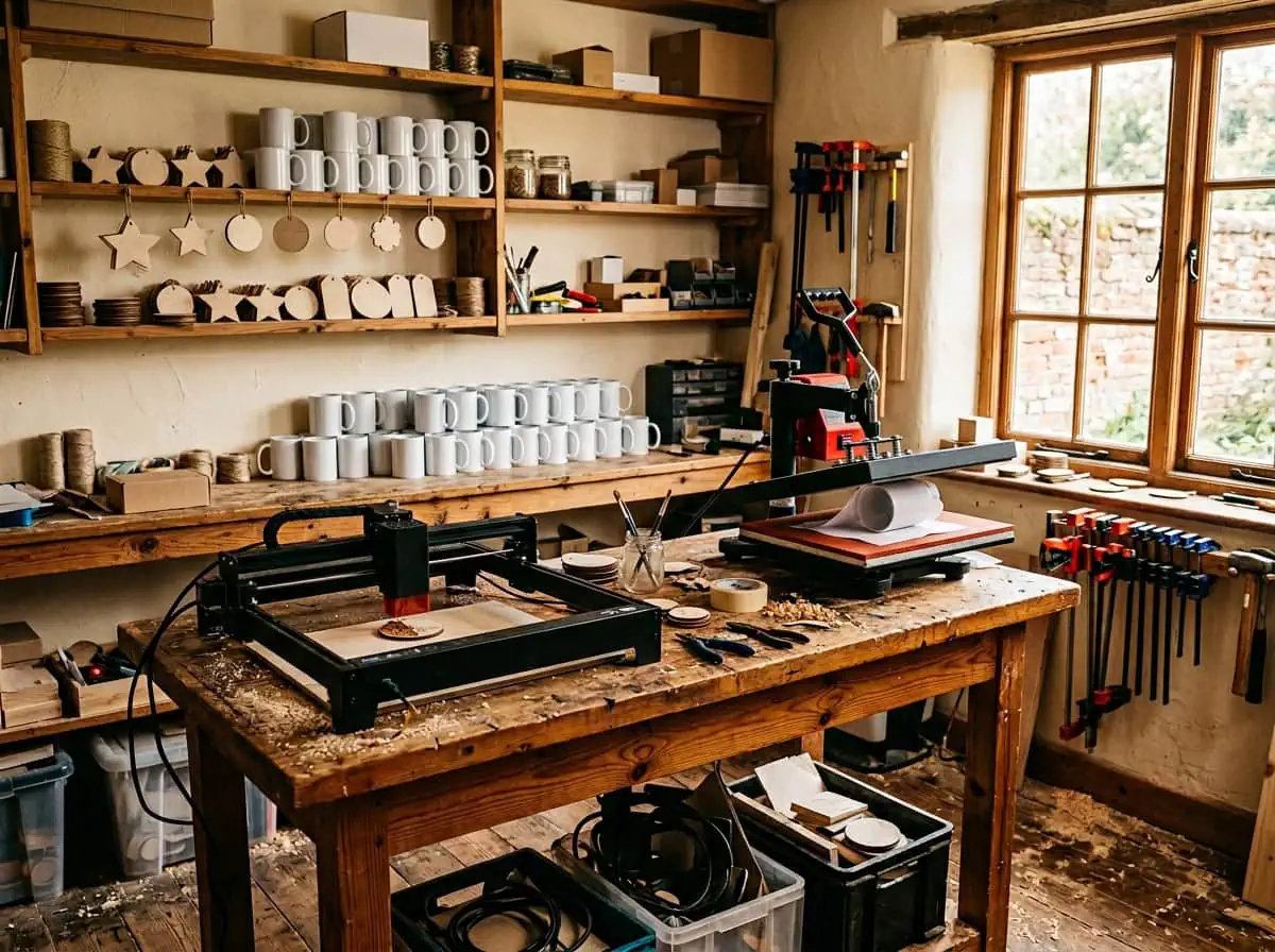 About Grey Barn Handwerk — laser engraver cutting a wheat design into wood