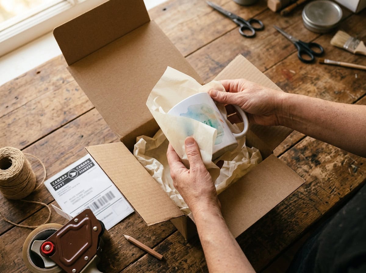 Grey Barn Handwerk packaging a custom order for shipping from St. Gregor, Saskatchewan
