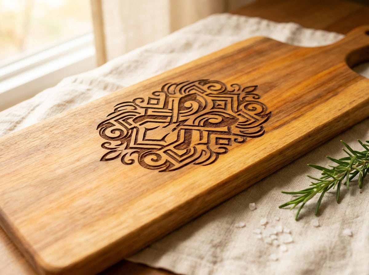 Close-up of laser-engraved solid wood detail on a Grey Barn Handwerk cutting board