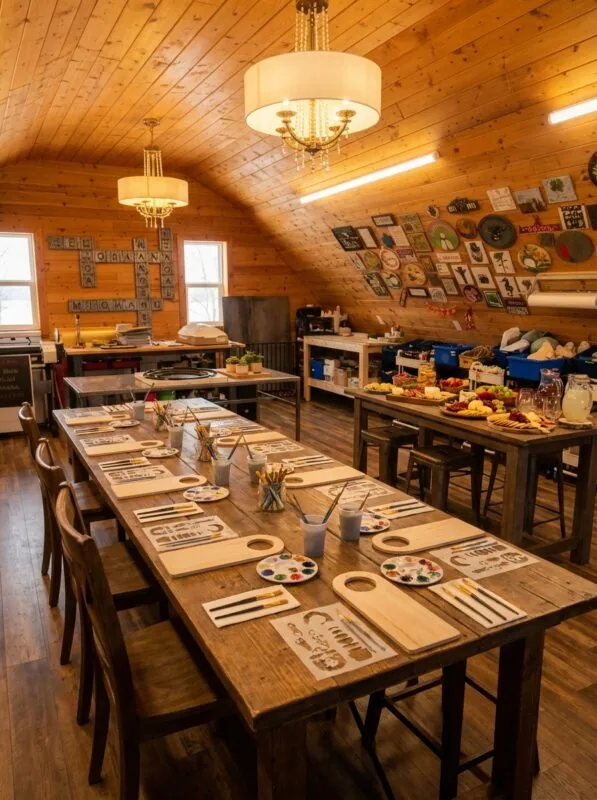 Grey Barn Handwerk workshop interior — laser engraver and workbench in St. Gregor, Saskatchewan