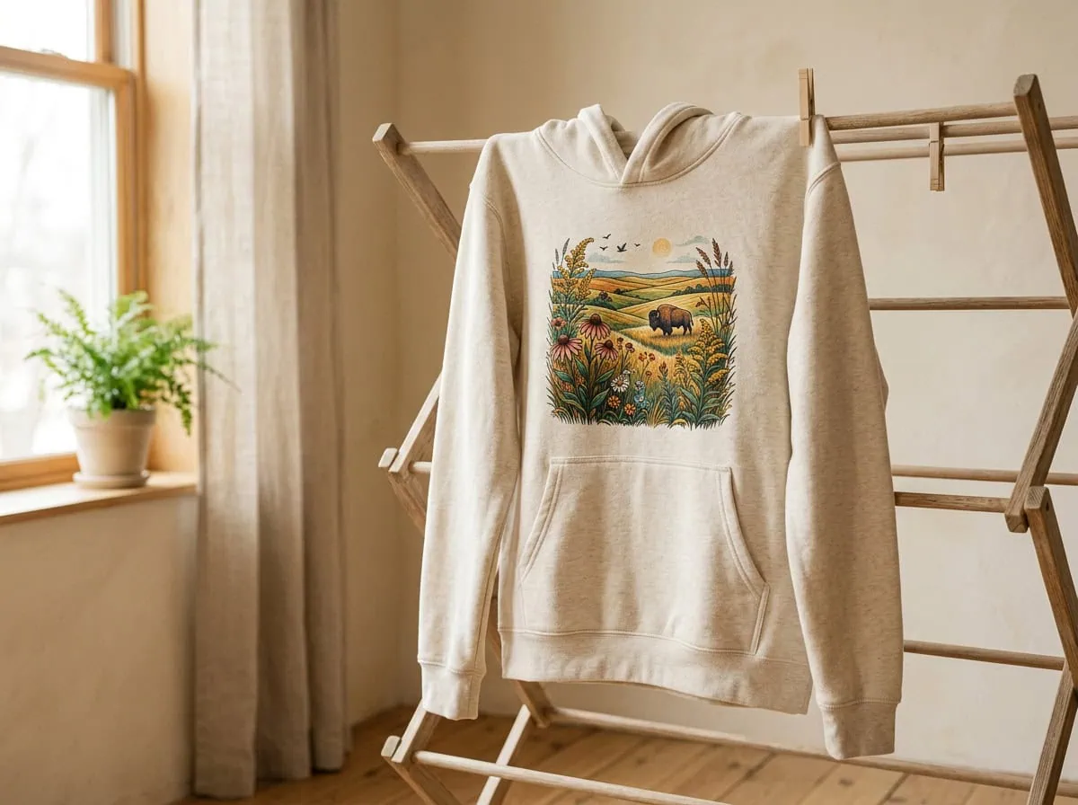 Bunnyhug hoodie air drying on clothesline — best drying method for printed apparel