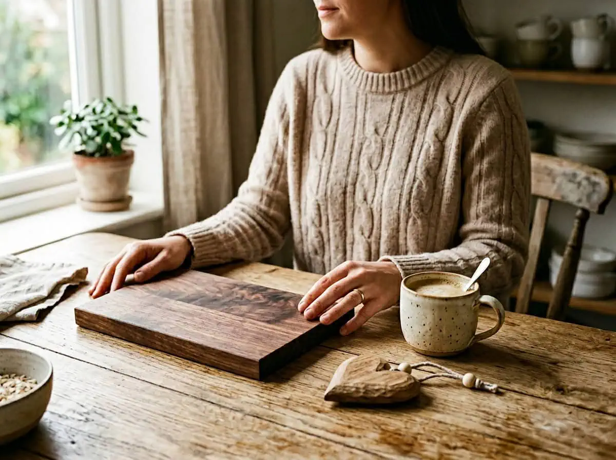 Person choosing between custom gift options — cutting board mug and ornament on table