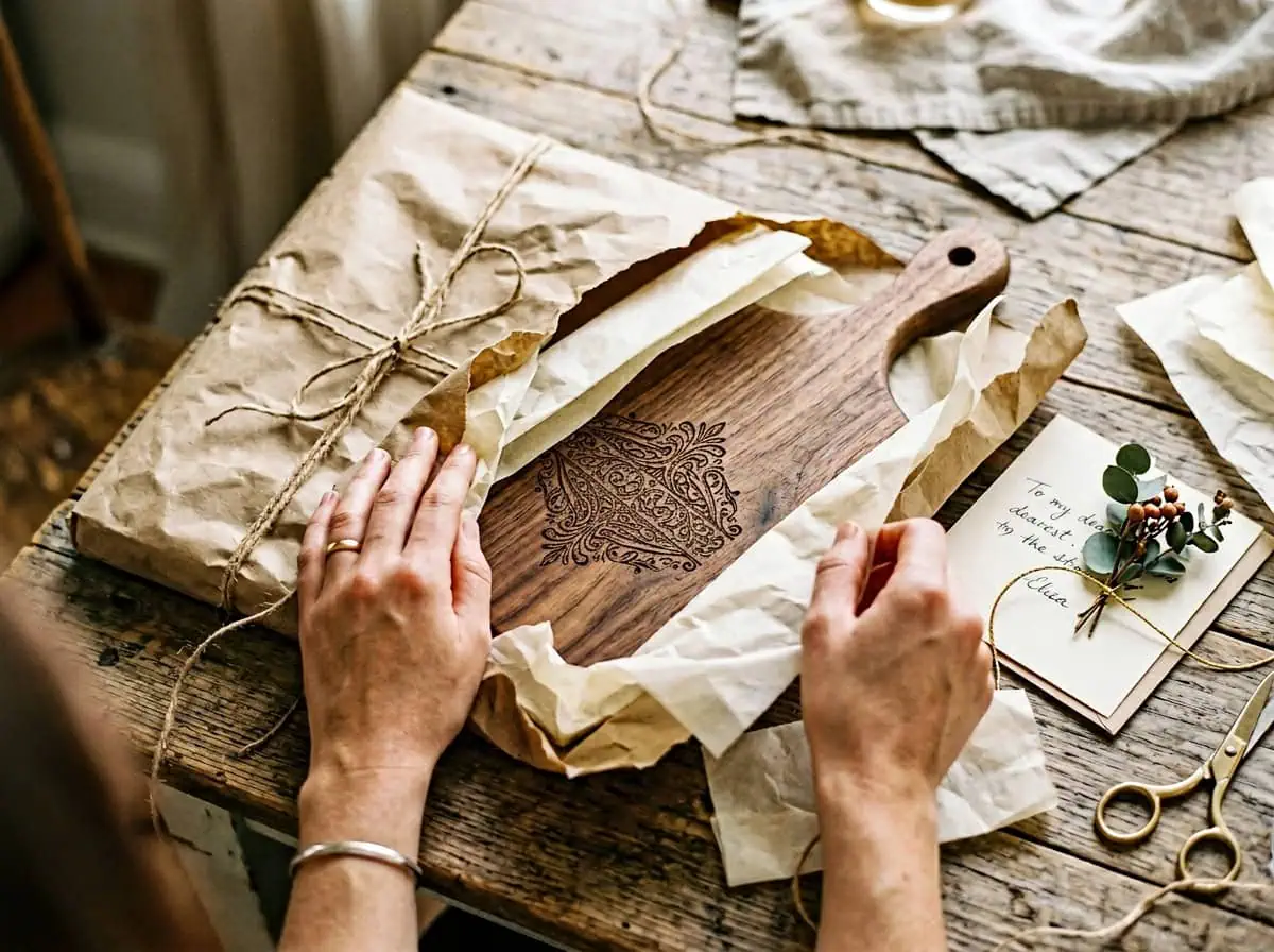 Unwrapping a personalized laser engraved cutting board gift from Grey Barn Handwerk