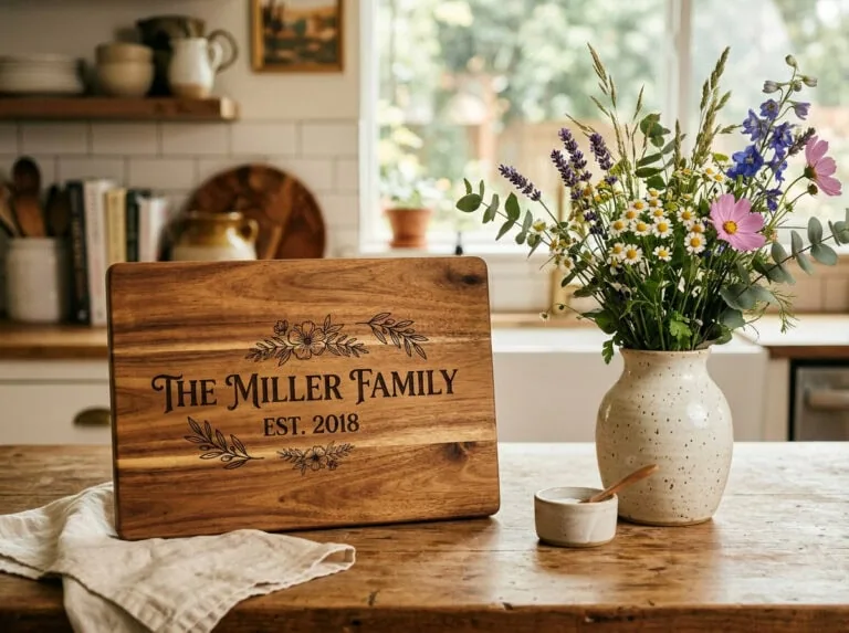 Custom gifts Saskatchewan — personalized laser engraved cutting board on kitchen counter