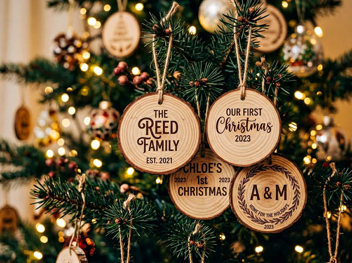 Custom laser engraved wooden ornaments with personalized text on Christmas tree
