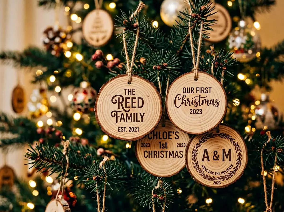 Custom laser engraved wooden ornaments with personalized text on Christmas tree