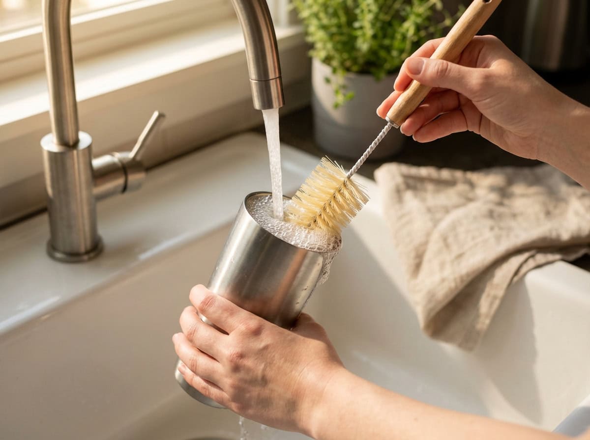 Daily Tumbler Washing — Stainless Steel Tumbler Care Hand washing stainless steel tumbler with bottle brush under warm water
